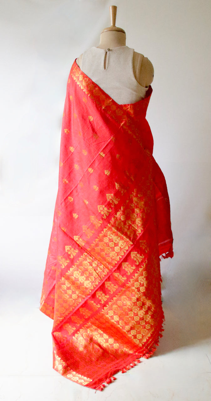 Red Orange Colour Handloom Mulberry Silk Saree from Assam