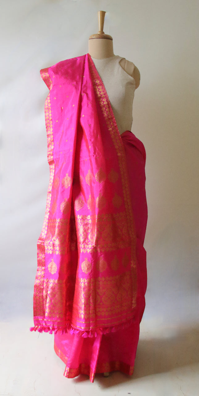 Dark Pink Colour Handloom Mulberry Silk Saree from Assam