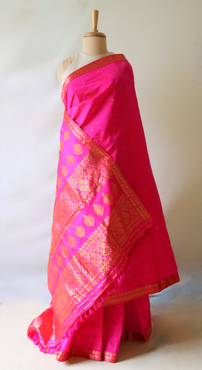 Dark Pink Colour Handloom Mulberry Silk Saree from Assam