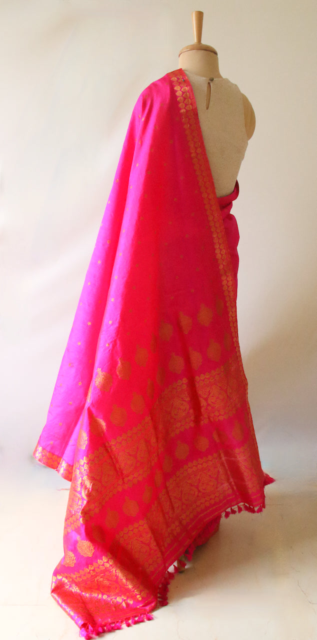 Dark Pink Colour Handloom Mulberry Silk Saree from Assam