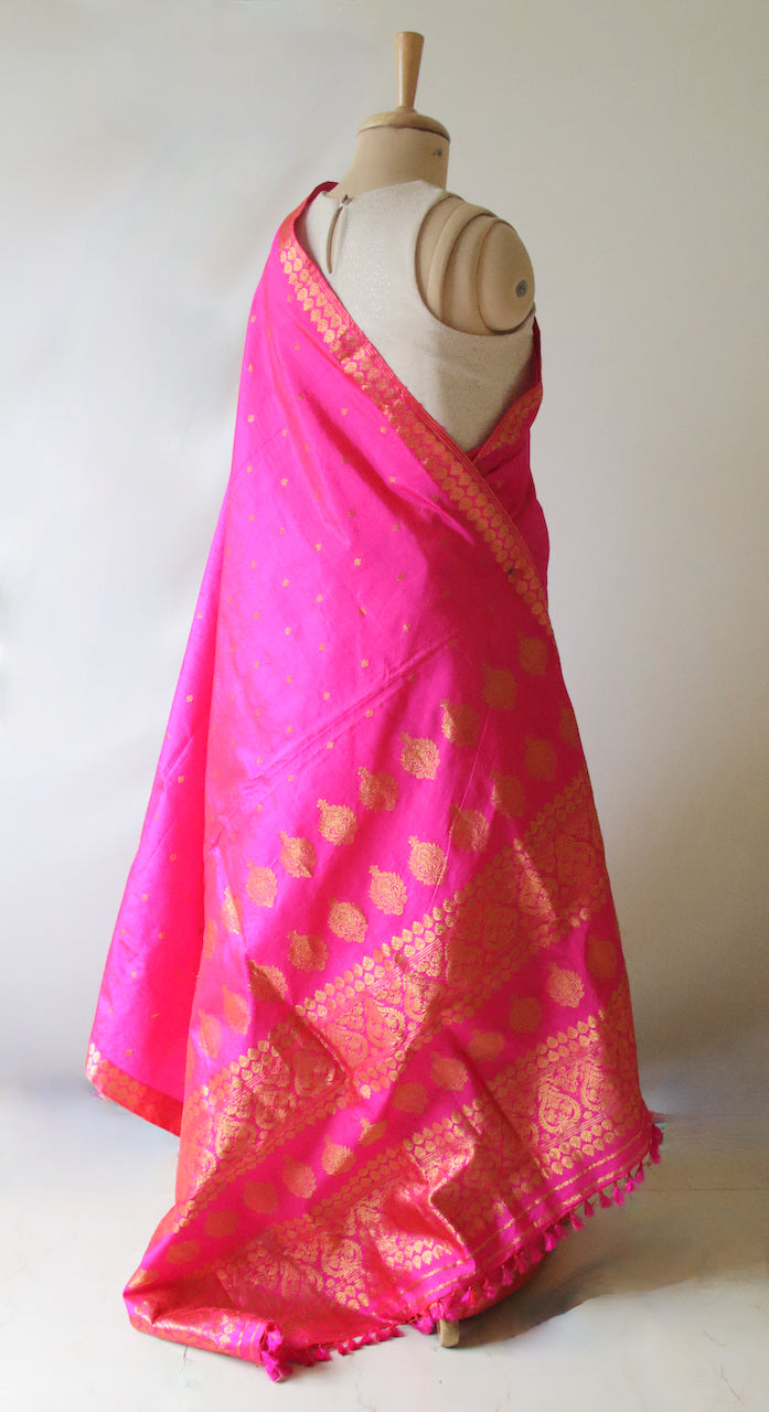 Dark Pink Colour Handloom Mulberry Silk Saree from Assam