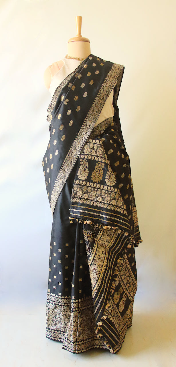 Black Natural Dyed Mulberry Silk ( Pat Silk ) Traditional Mekhla Chador Set from Assam