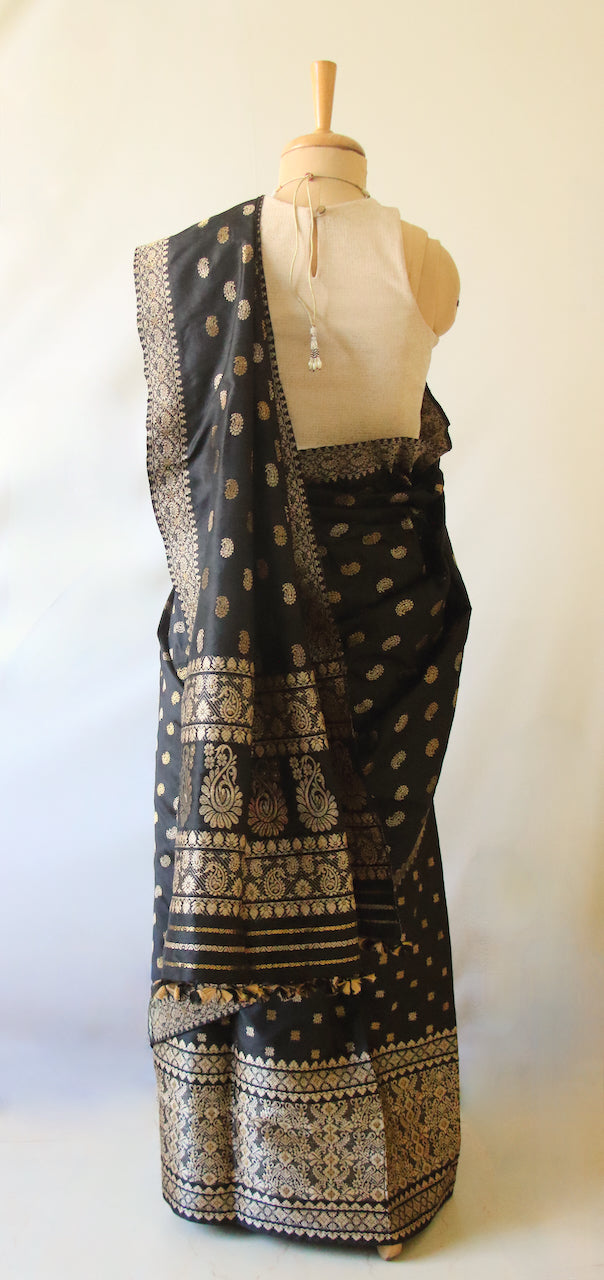 Black Natural Dyed Mulberry Silk ( Pat Silk ) Traditional Mekhla Chador Set from Assam