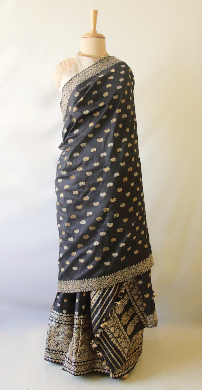 Black Natural Dyed Mulberry Silk ( Pat Silk ) Traditional Mekhla Chador Set from Assam