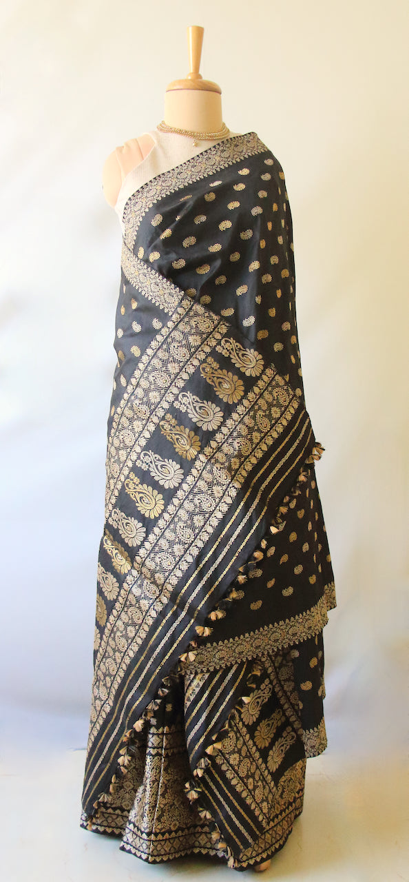 Black Natural Dyed Mulberry Silk ( Pat Silk ) Traditional Mekhla Chador Set from Assam