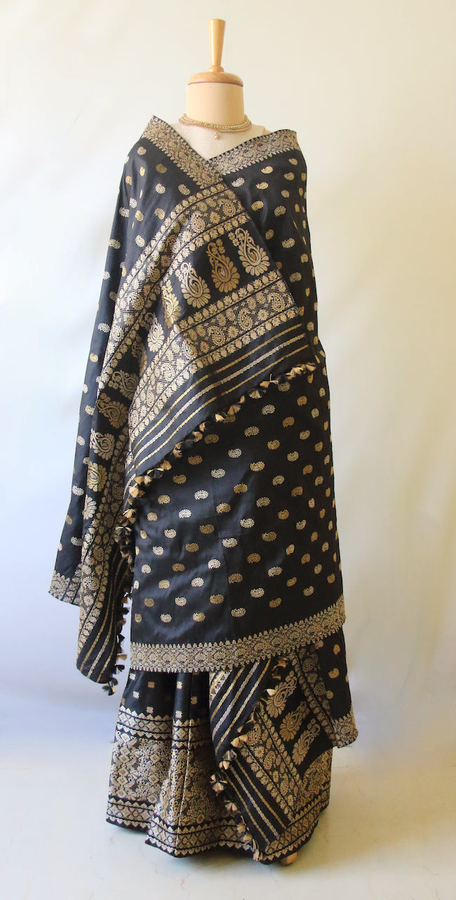 Black Natural Dyed Mulberry Silk ( Pat Silk ) Traditional Mekhla Chador Set from Assam