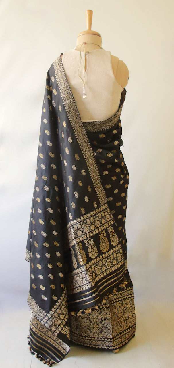 Black Natural Dyed Mulberry Silk ( Pat Silk ) Traditional Mekhla Chador Set from Assam