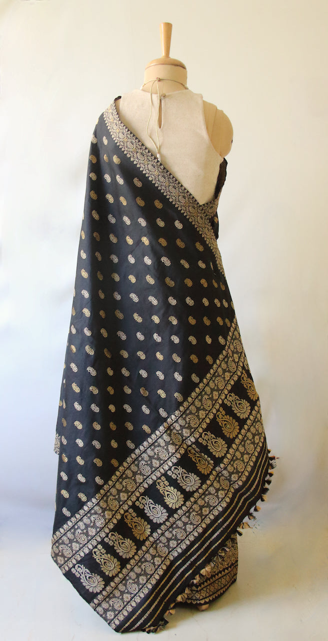 Black Natural Dyed Mulberry Silk ( Pat Silk ) Traditional Mekhla Chador Set from Assam