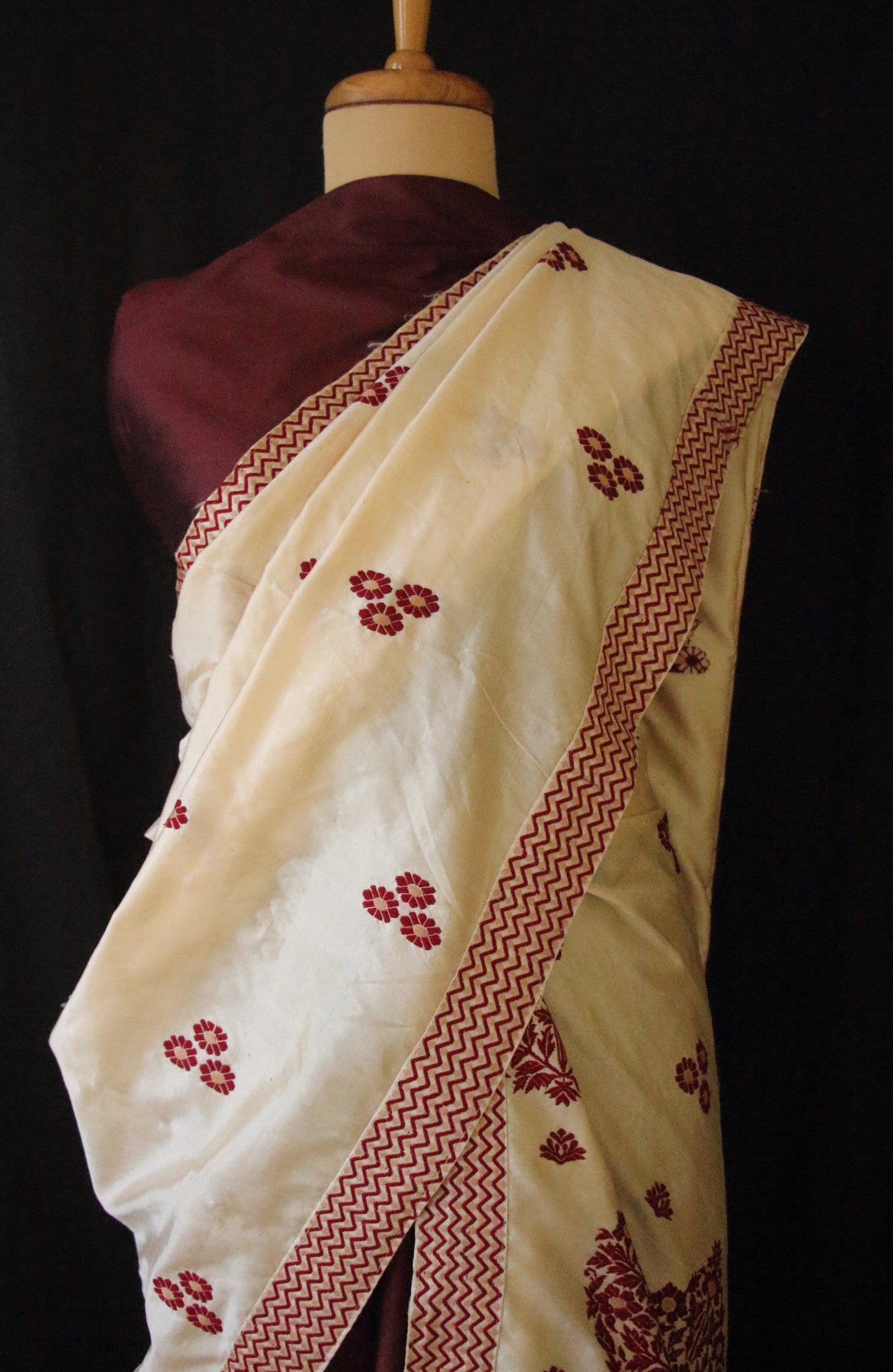 Maroon and Beige Contrast Mulberry Silk Mekhela Chador Set