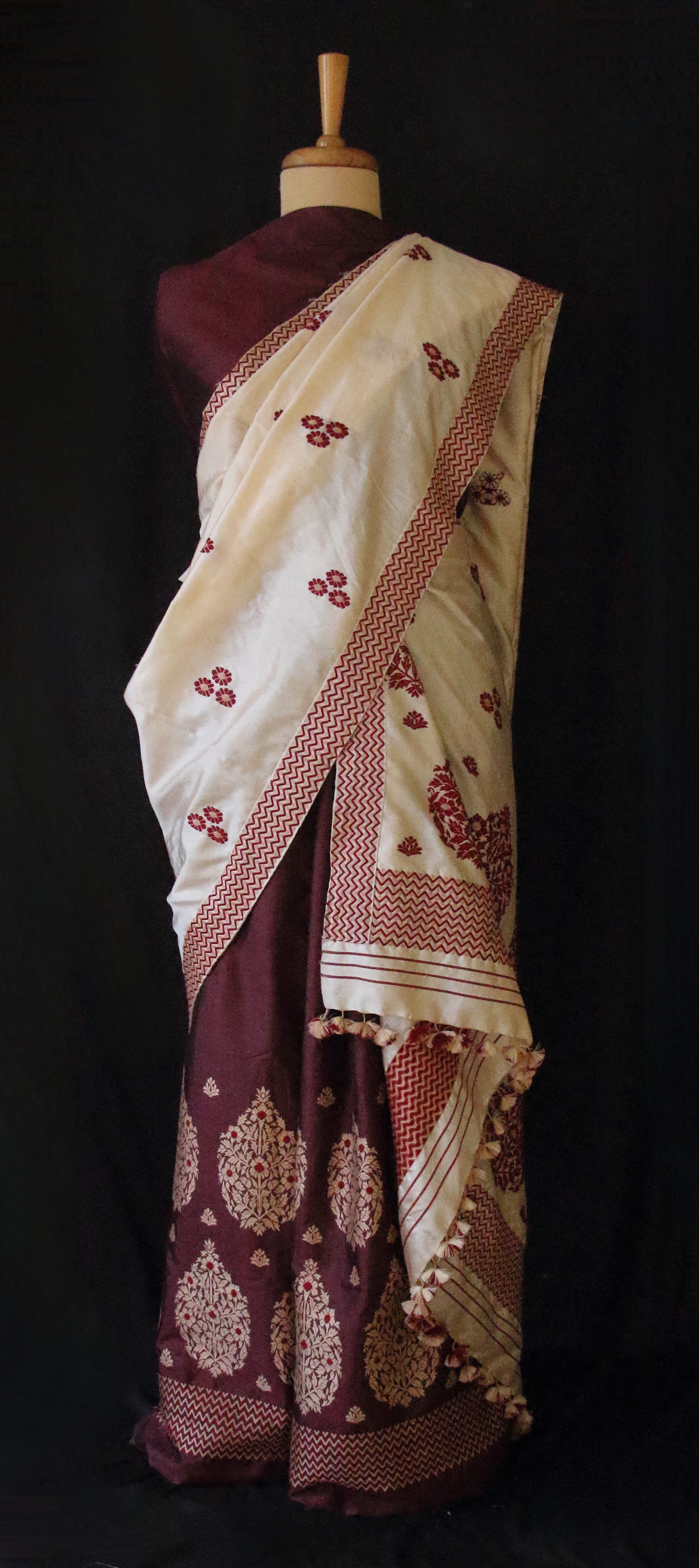 Maroon and Beige Contrast Mulberry Silk Mekhela Chador Set