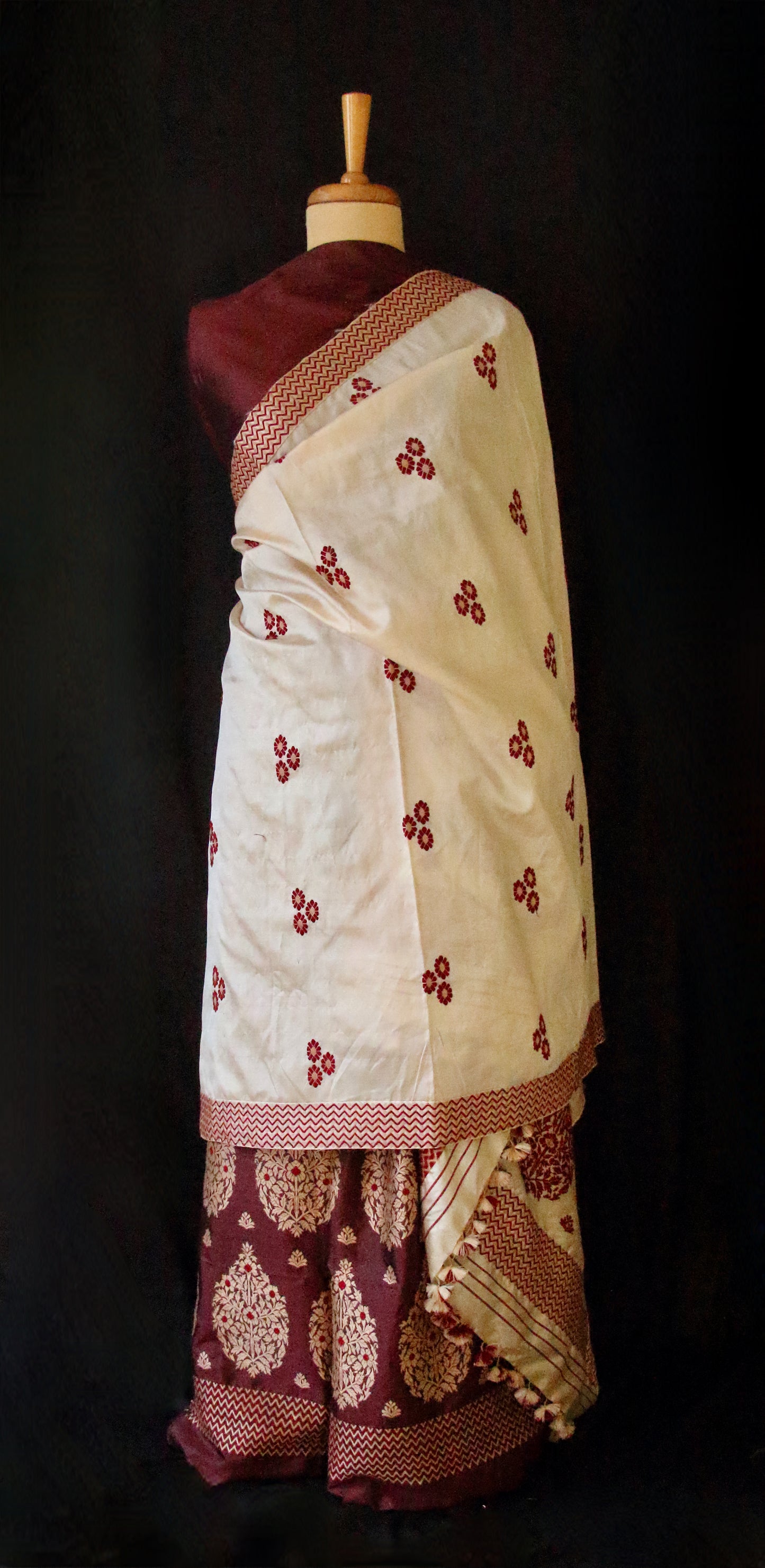 Maroon and Beige Contrast Mulberry Silk Mekhela Chador Set