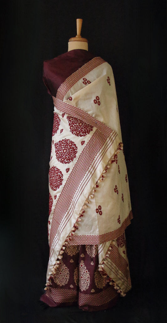Maroon and Beige Contrast Mulberry Silk Mekhela Chador Set