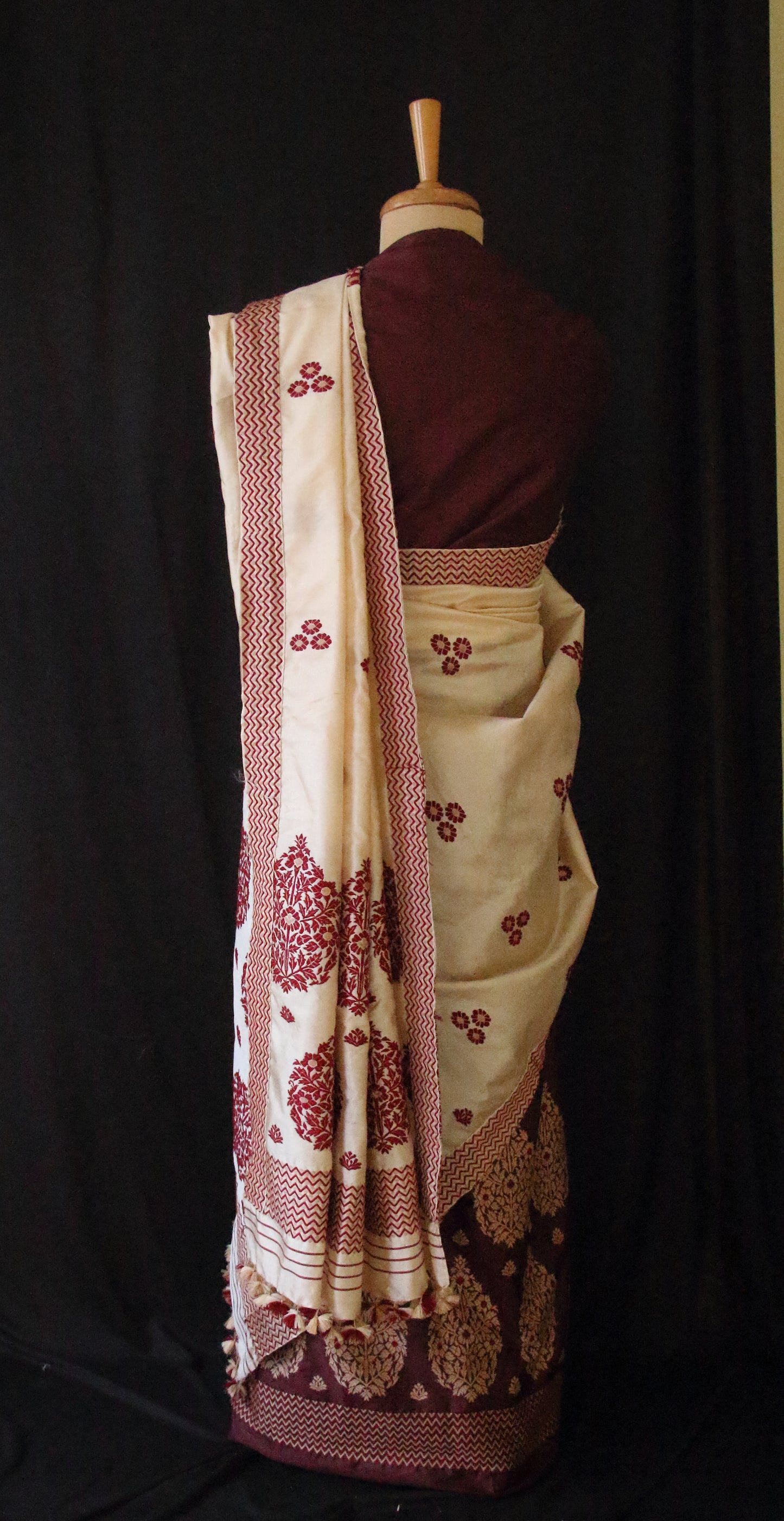 Maroon and Beige Contrast Mulberry Silk Mekhela Chador Set