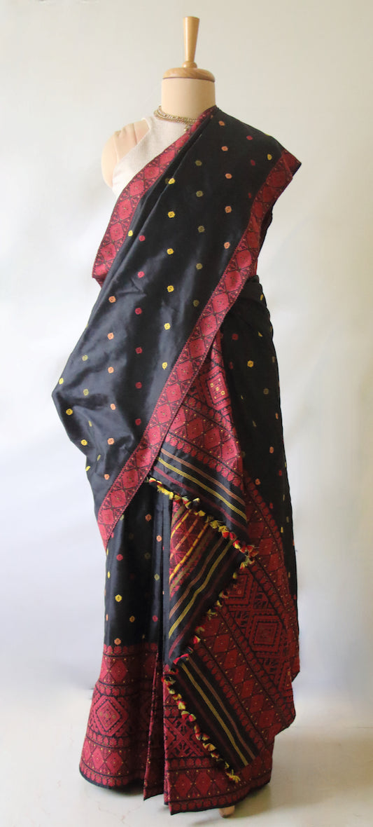 Black Natural dyed  Mulberry Silk ( Pat Silk ) Traditional Mekhla Chador Set from Assam