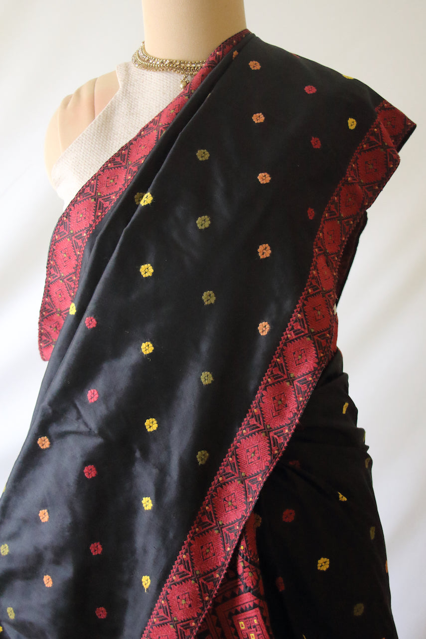 Black Natural dyed  Mulberry Silk ( Pat Silk ) Traditional Mekhla Chador Set from Assam