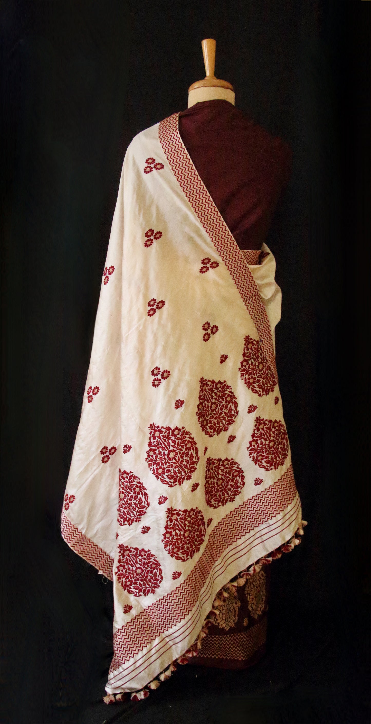 Maroon and Beige Contrast Mulberry Silk Mekhela Chador Set