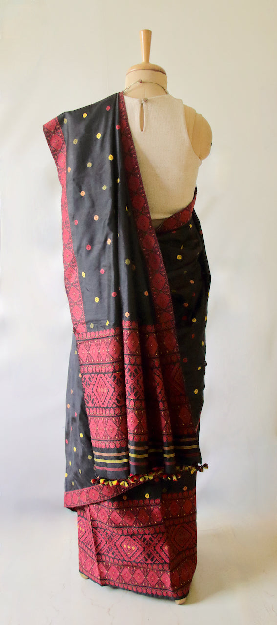 Black Natural dyed  Mulberry Silk ( Pat Silk ) Traditional Mekhla Chador Set from Assam