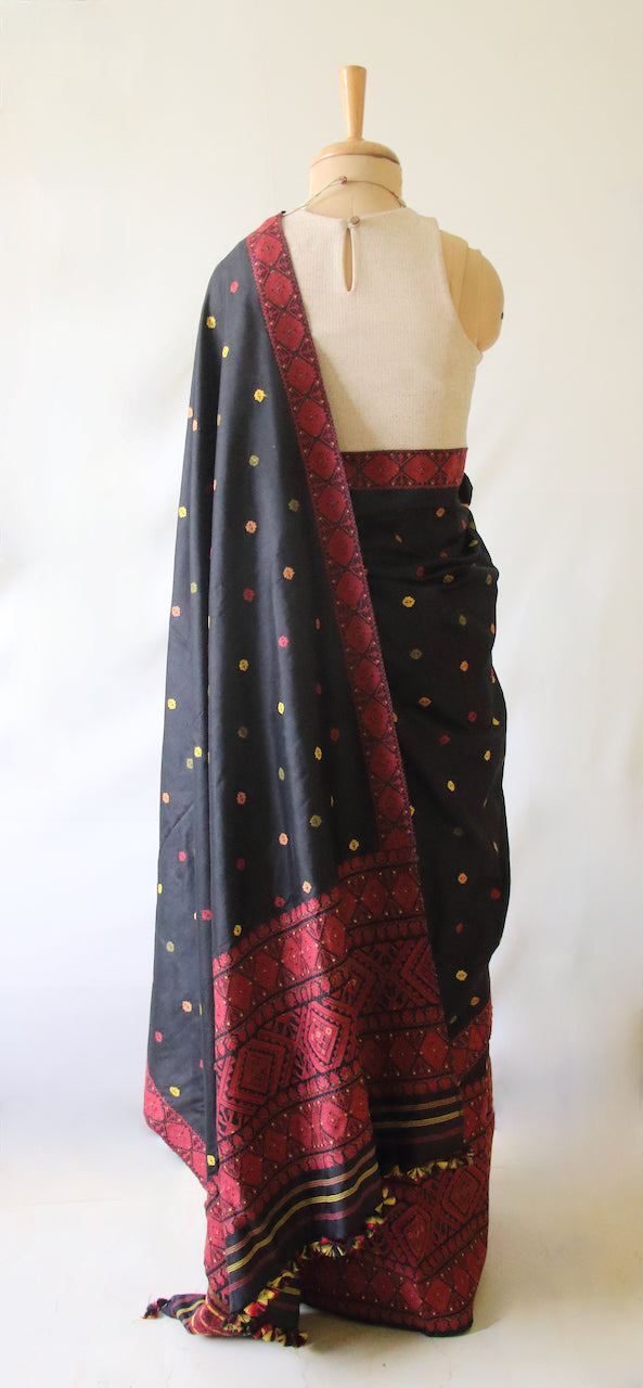 Black Natural dyed  Mulberry Silk ( Pat Silk ) Traditional Mekhla Chador Set from Assam