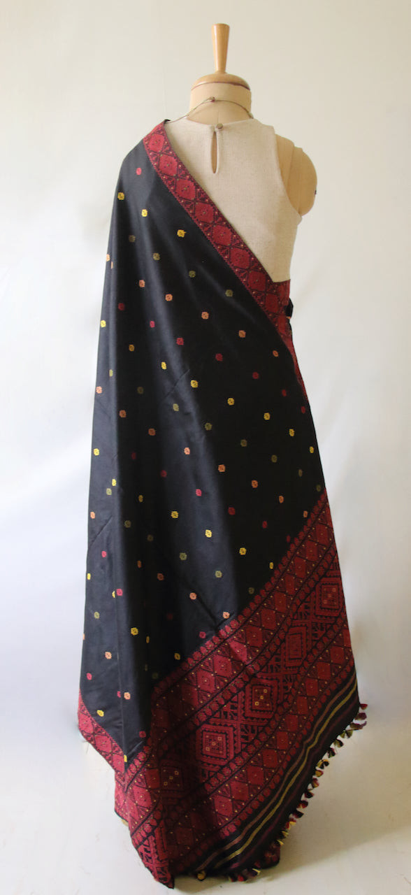 Black Natural dyed  Mulberry Silk ( Pat Silk ) Traditional Mekhla Chador Set from Assam