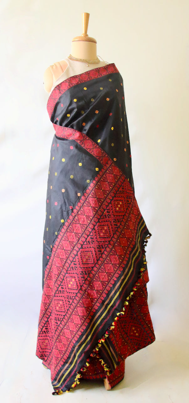 Black Natural dyed  Mulberry Silk ( Pat Silk ) Traditional Mekhla Chador Set from Assam