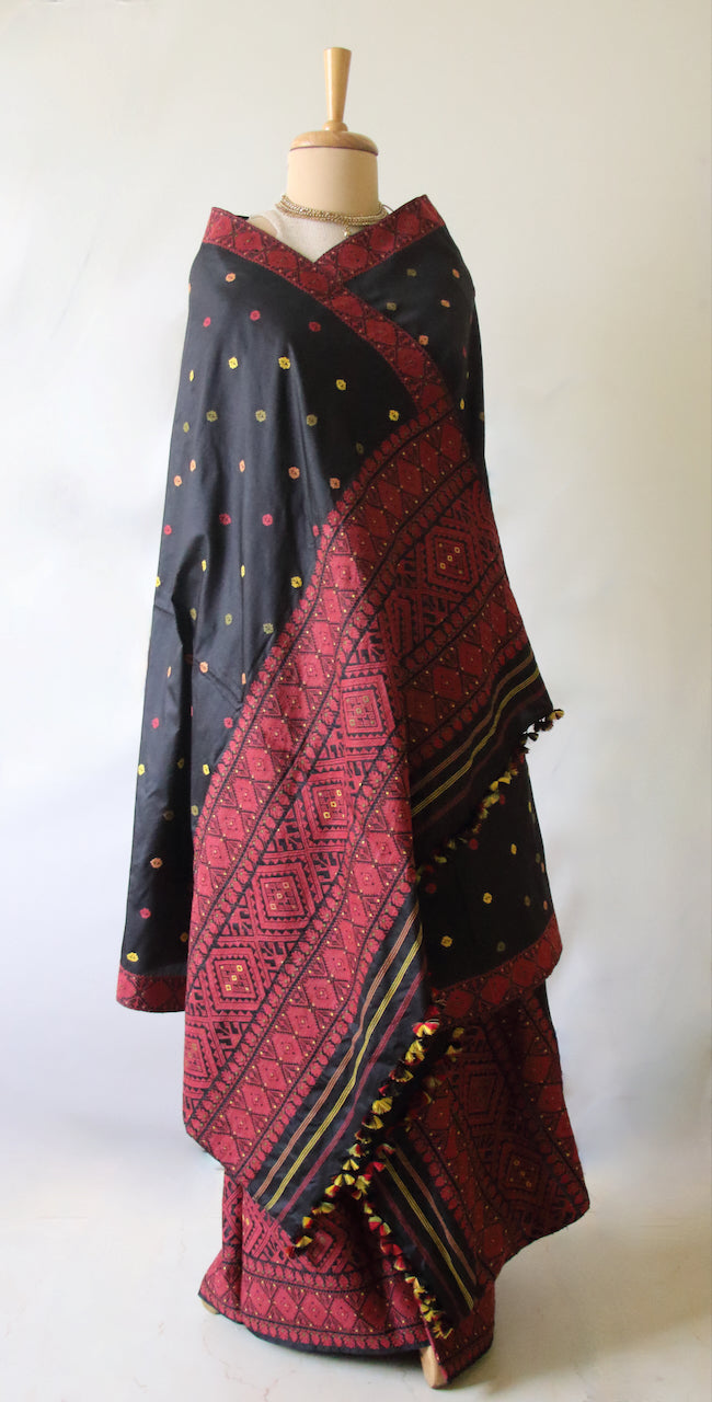 Black Natural dyed  Mulberry Silk ( Pat Silk ) Traditional Mekhla Chador Set from Assam