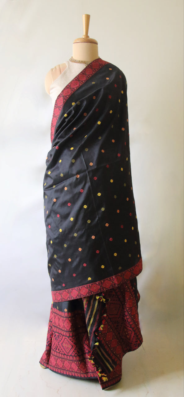 Black Natural dyed  Mulberry Silk ( Pat Silk ) Traditional Mekhla Chador Set from Assam