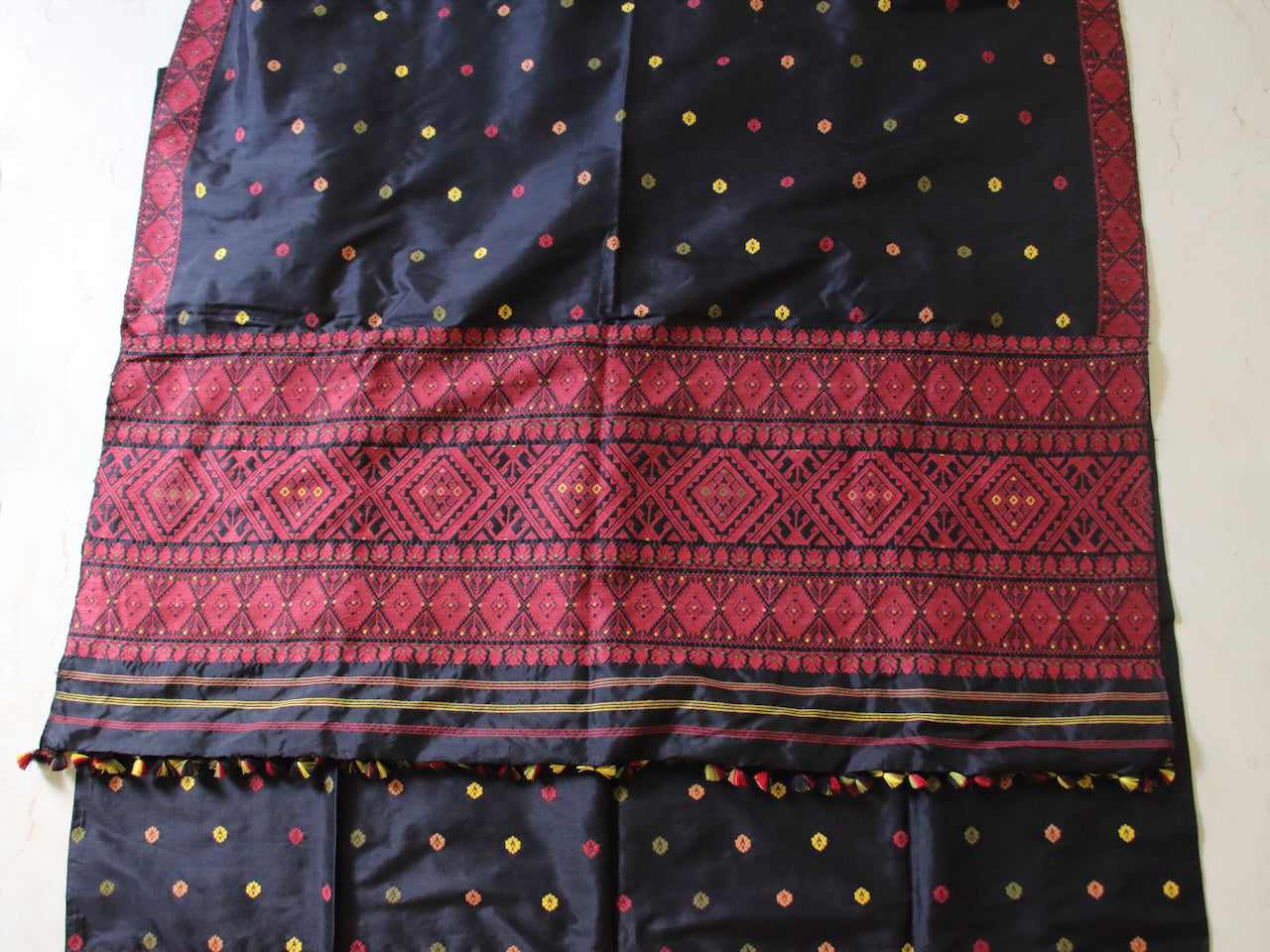 Black Natural dyed  Mulberry Silk ( Pat Silk ) Traditional Mekhla Chador Set from Assam