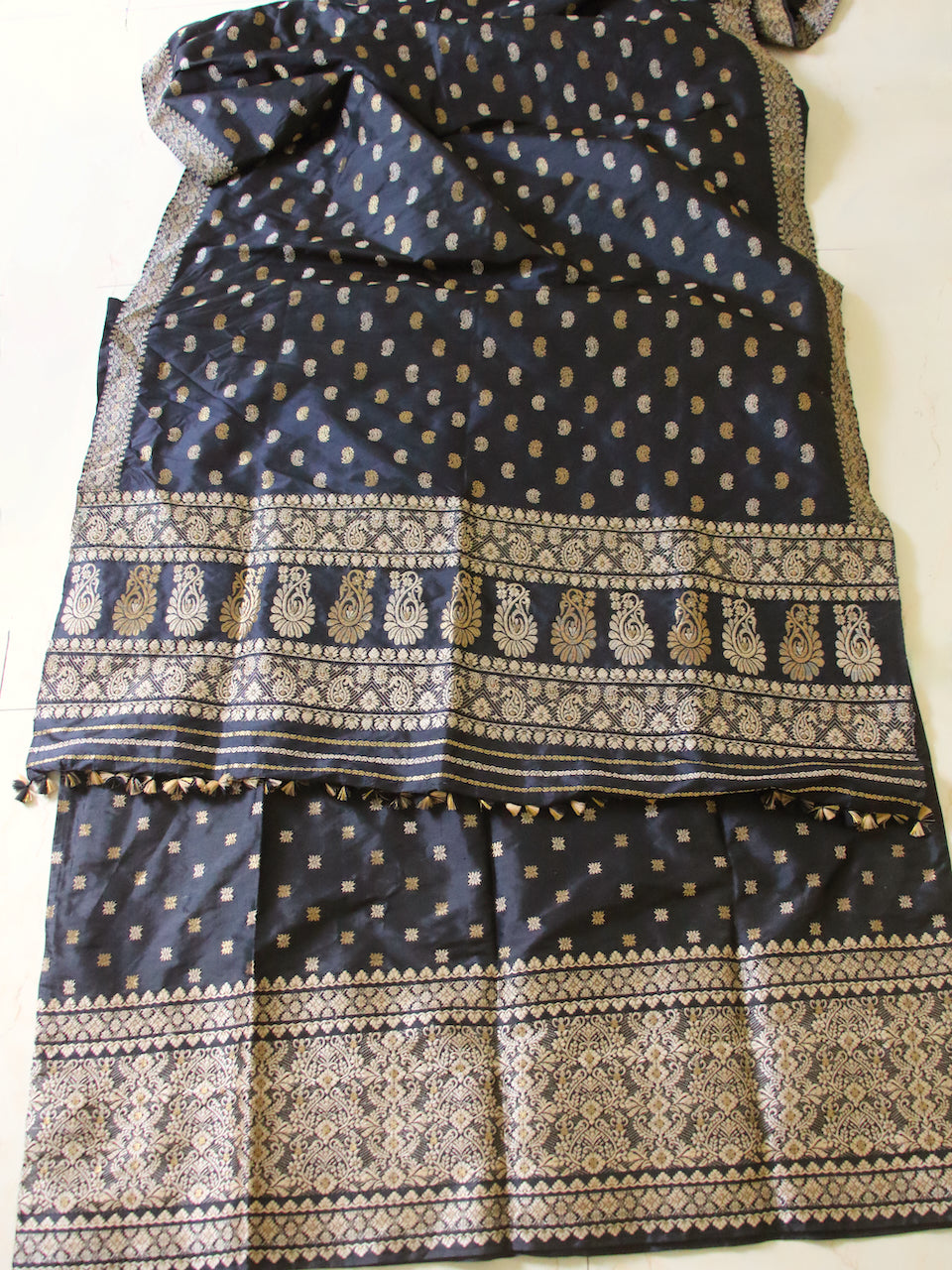 Black Natural Dyed Mulberry Silk ( Pat Silk ) Traditional Mekhla Chador Set from Assam