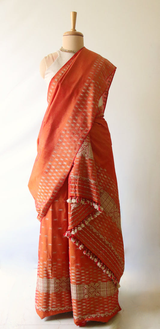 Rust Orange Mekhela Sador set in Cotton Silk from Assam