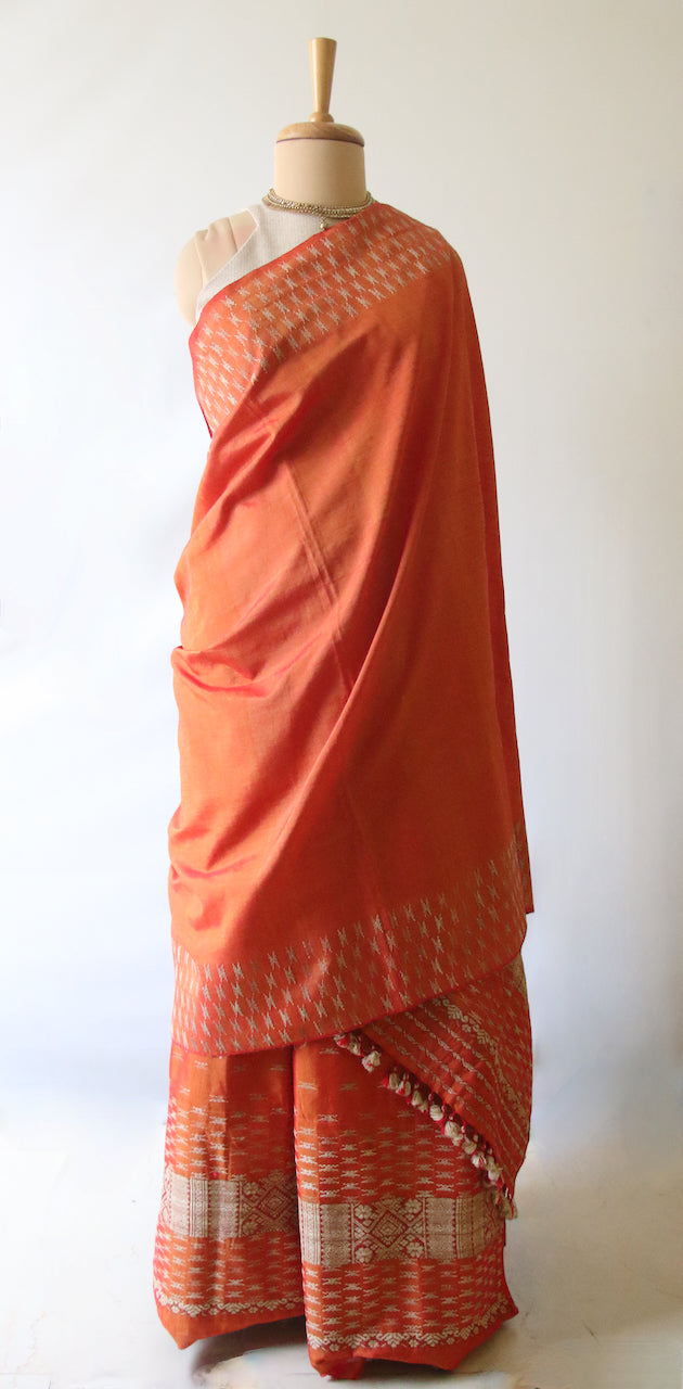 Rust Orange Mekhela Sador set in Cotton Silk from Assam