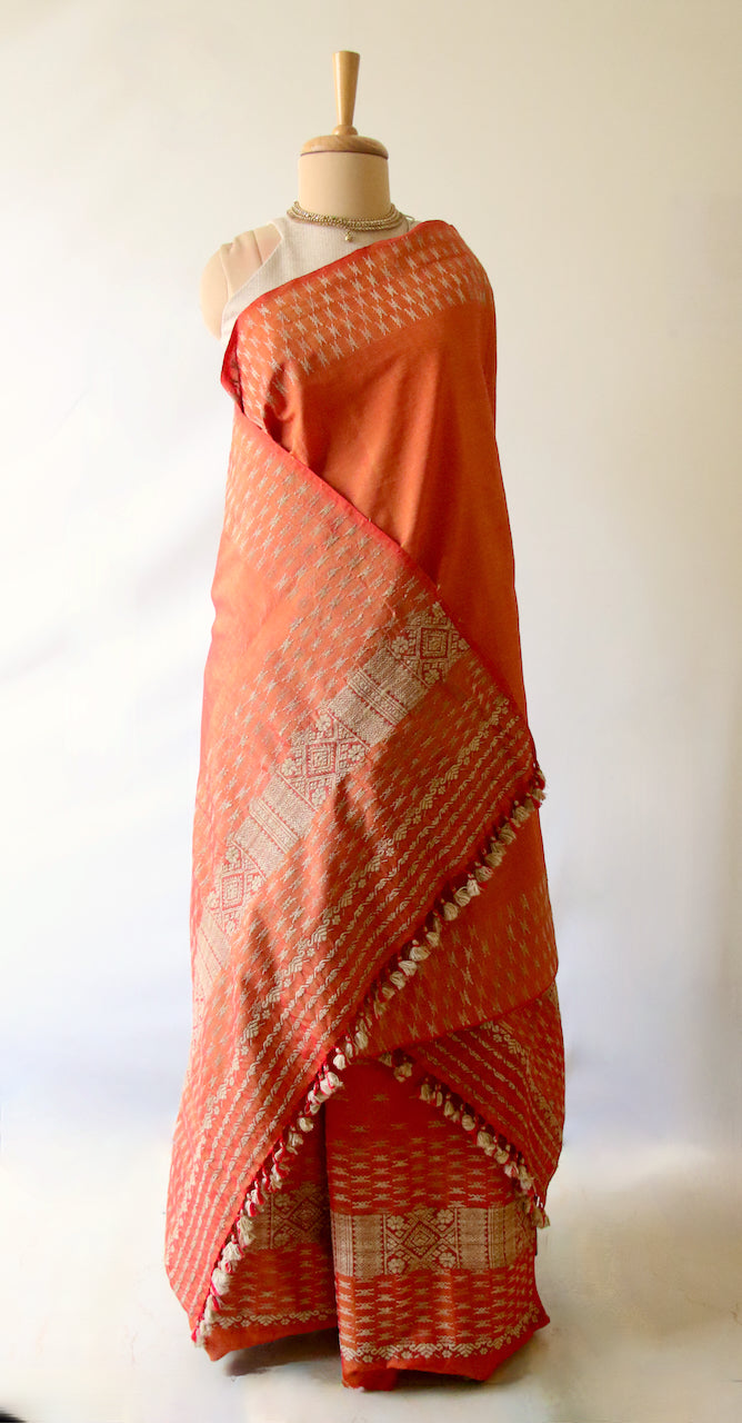 Rust Orange Mekhela Sador set in Cotton Silk from Assam