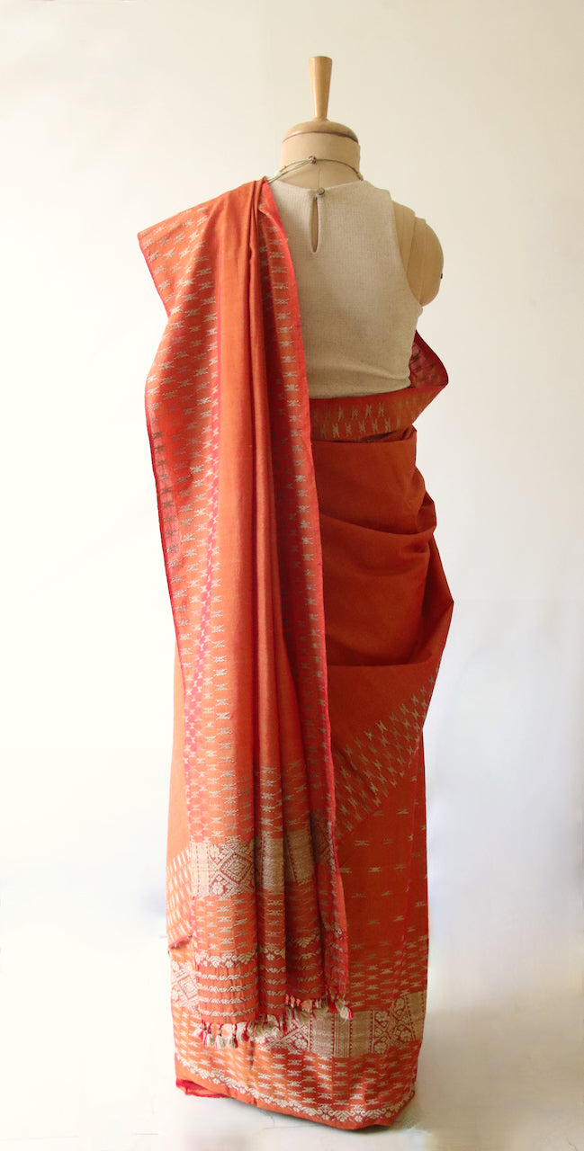 Rust Orange Mekhela Sador set in Cotton Silk from Assam