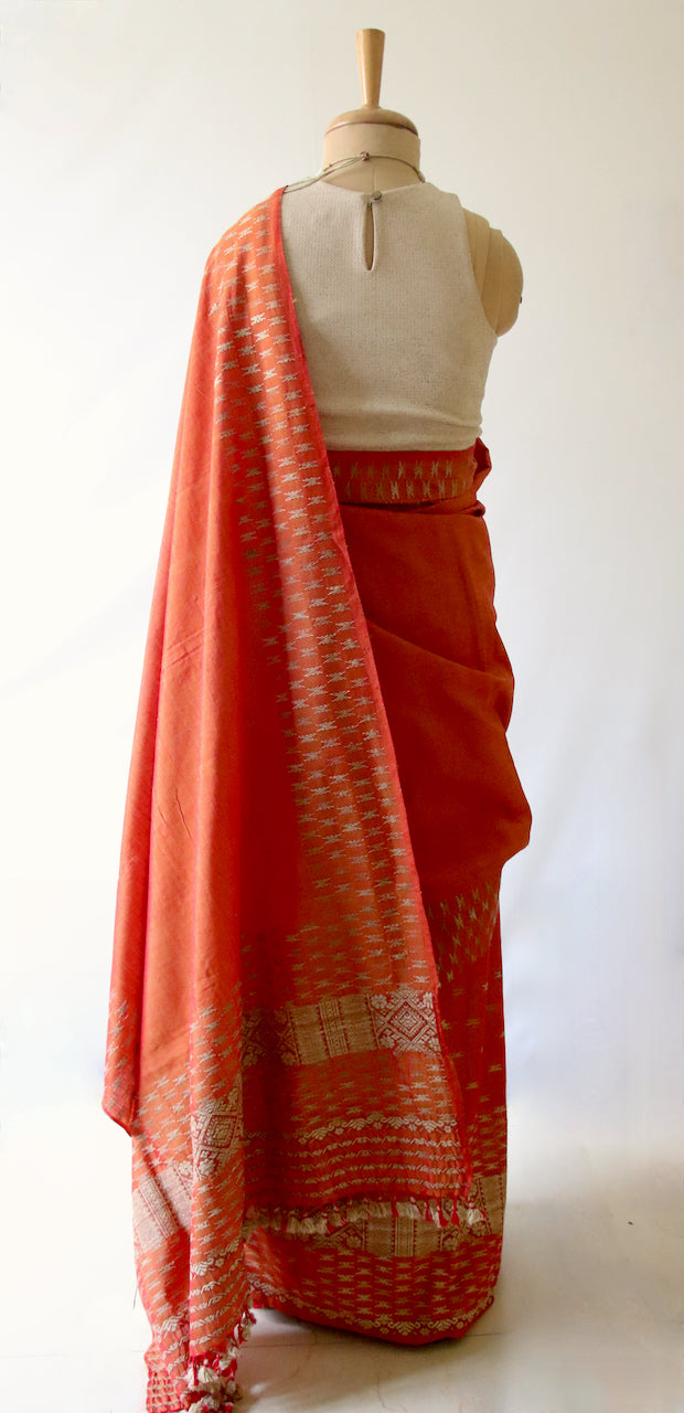 Rust Orange Mekhela Sador set in Cotton Silk from Assam