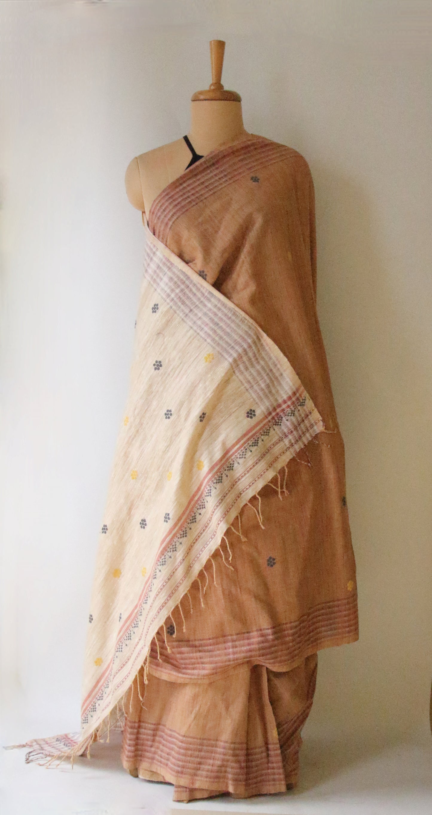 Handwoven soft brick colour Natural Dyed Eri Silk Sari from Assam