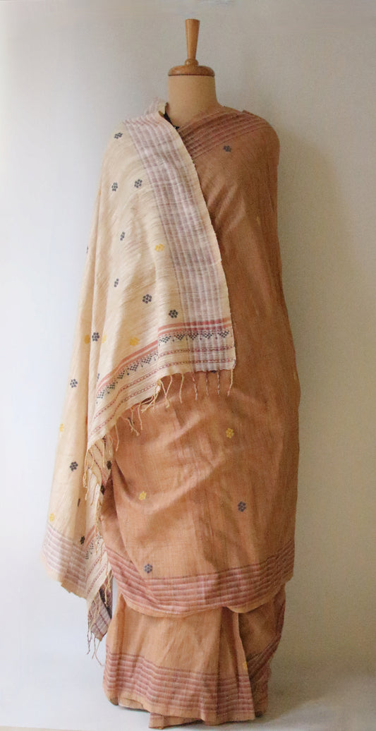 Handwoven soft brick colour Natural Dyed Eri Silk Sari from Assam