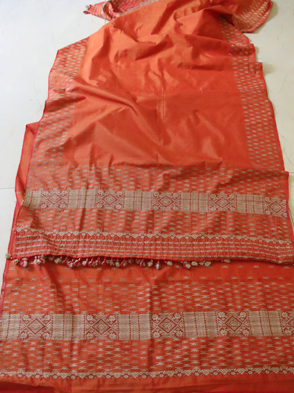 Rust Orange Mekhela Sador set in Cotton Silk from Assam