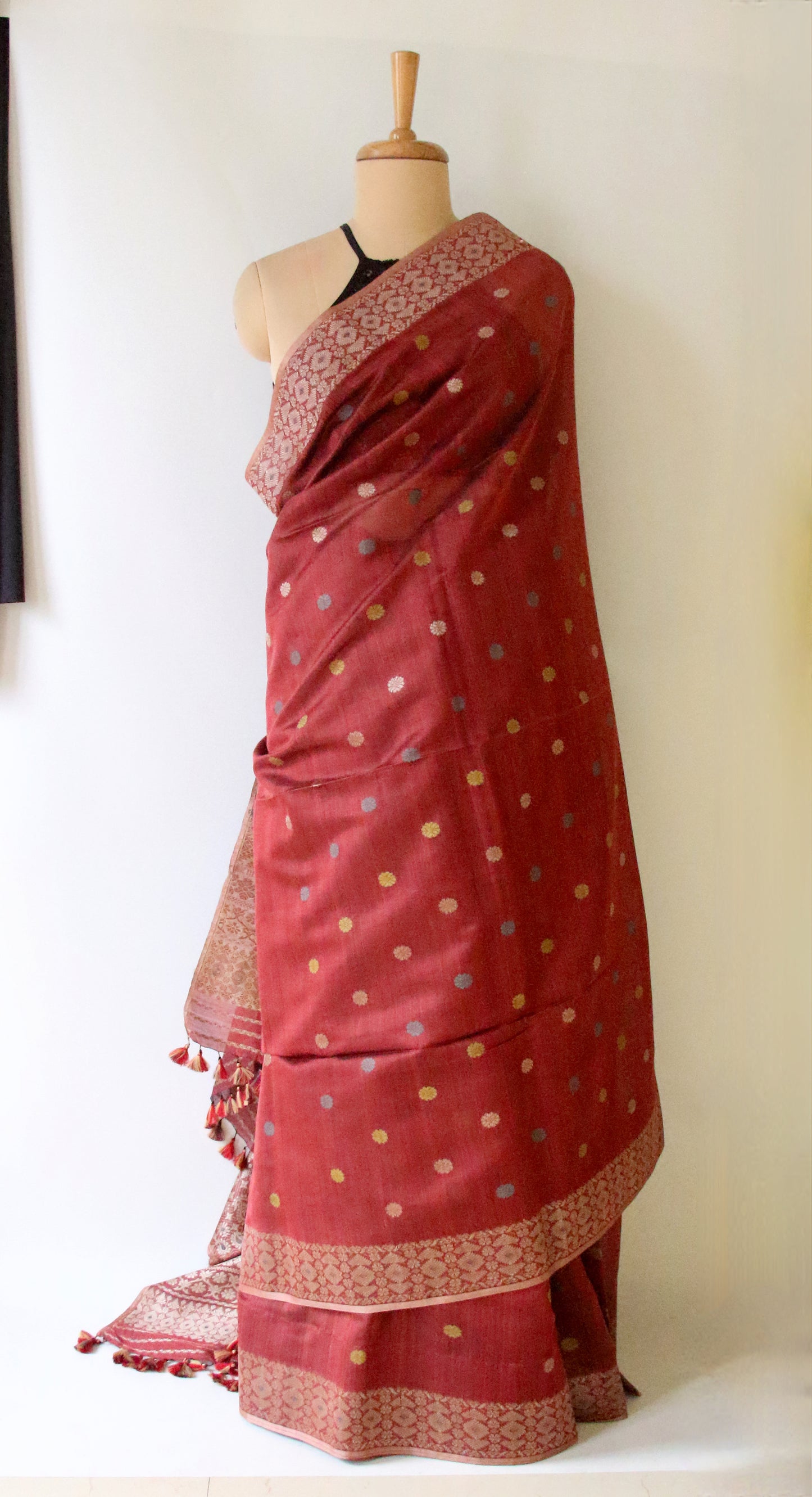 Natural Dyed Maroon Handloom Silk  Saree from Assam