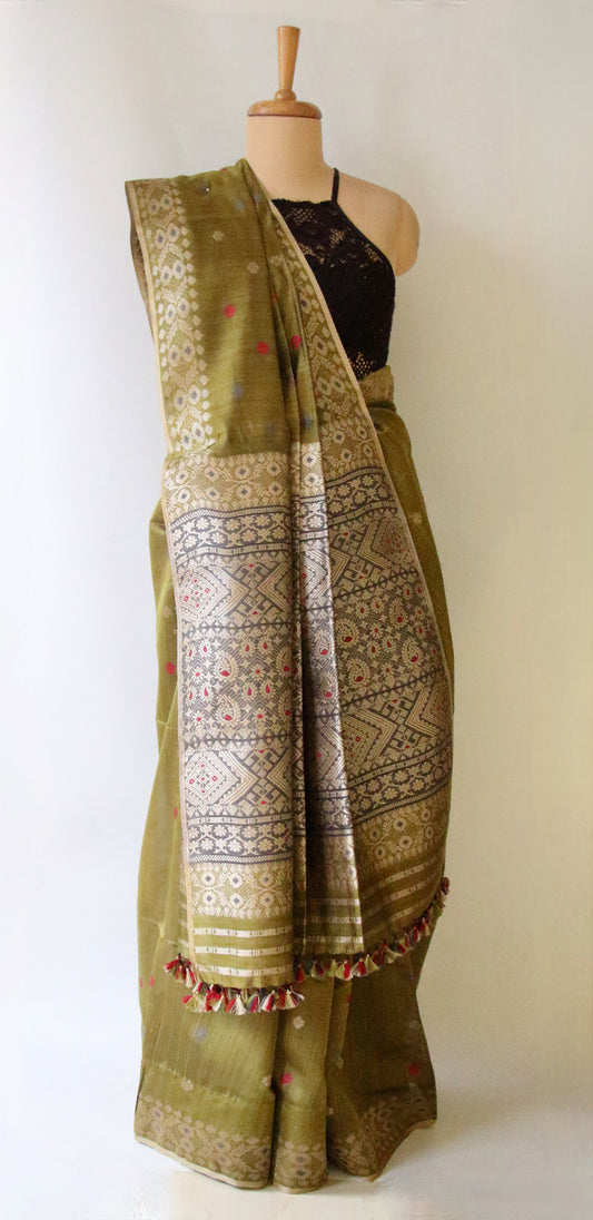 Natural Dyed Mehendi Green Handloom Silk  Saree from Assam