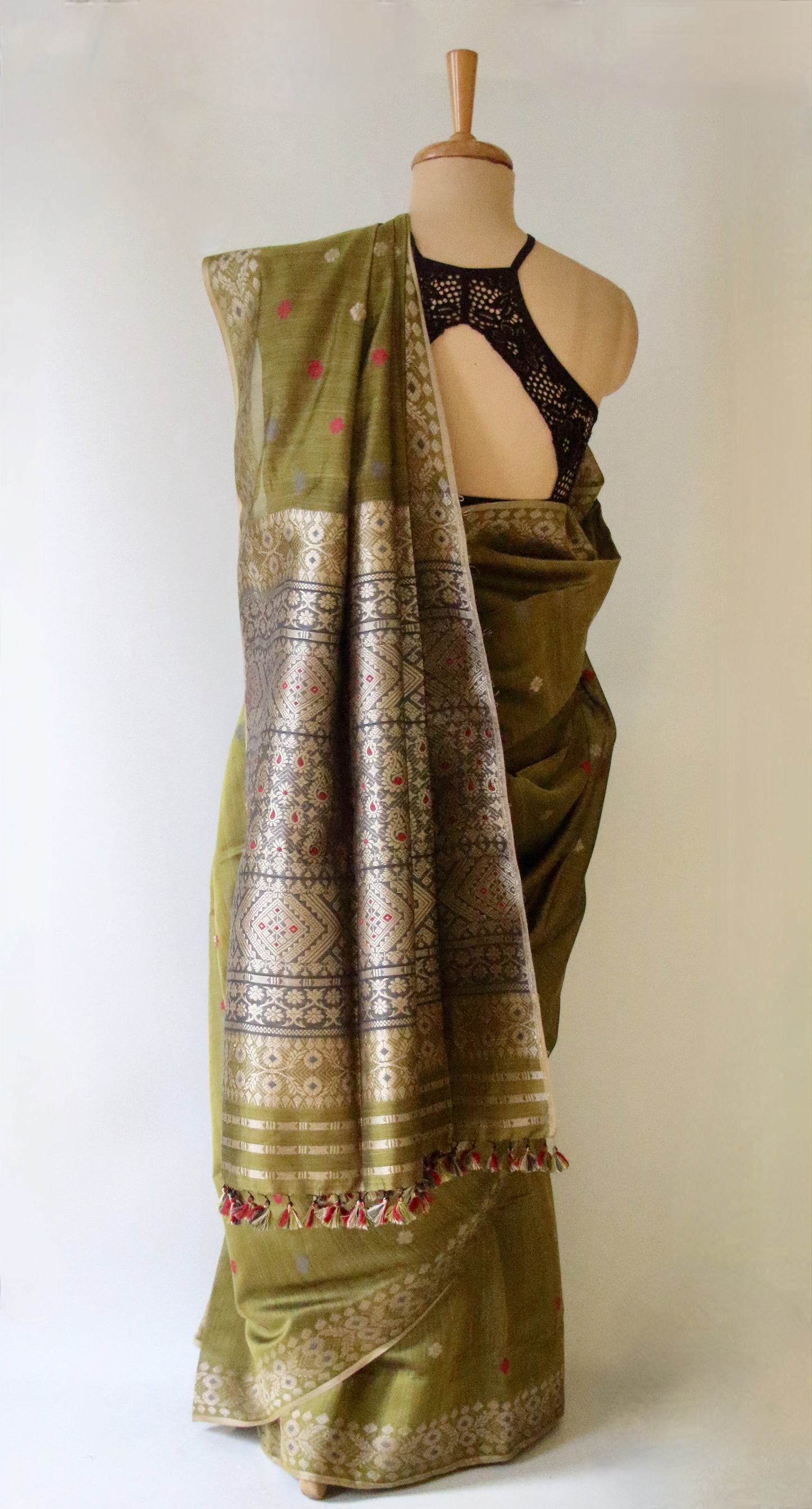 Natural Dyed Mehendi Green Handloom Silk  Saree from Assam