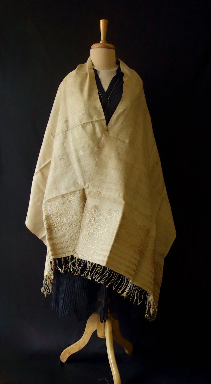 Handloom Muga Silk Wrap / Stole / Scarf with Muga Silk Motifs from Assam