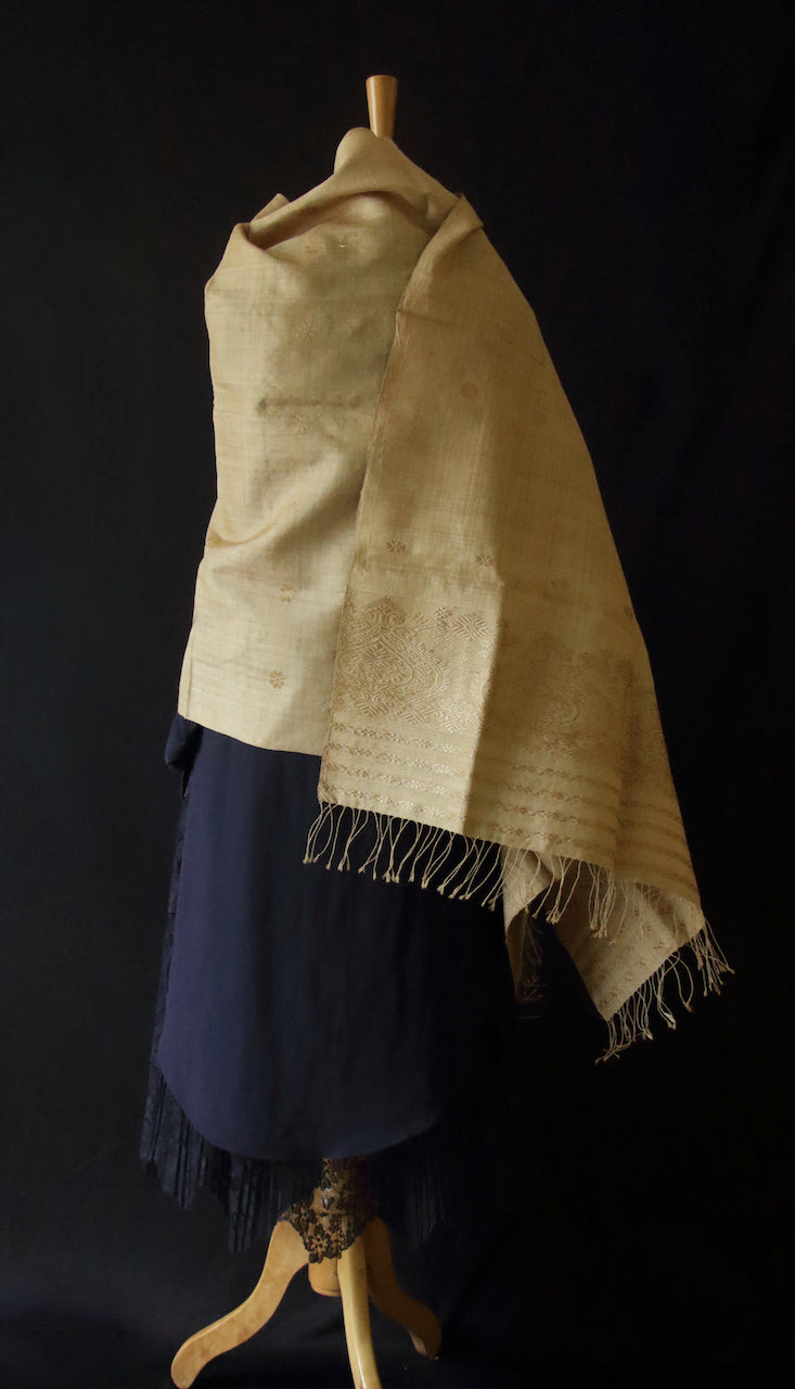 Handloom Muga Silk Wrap / Stole / Scarf with Muga Silk Motifs from Assam