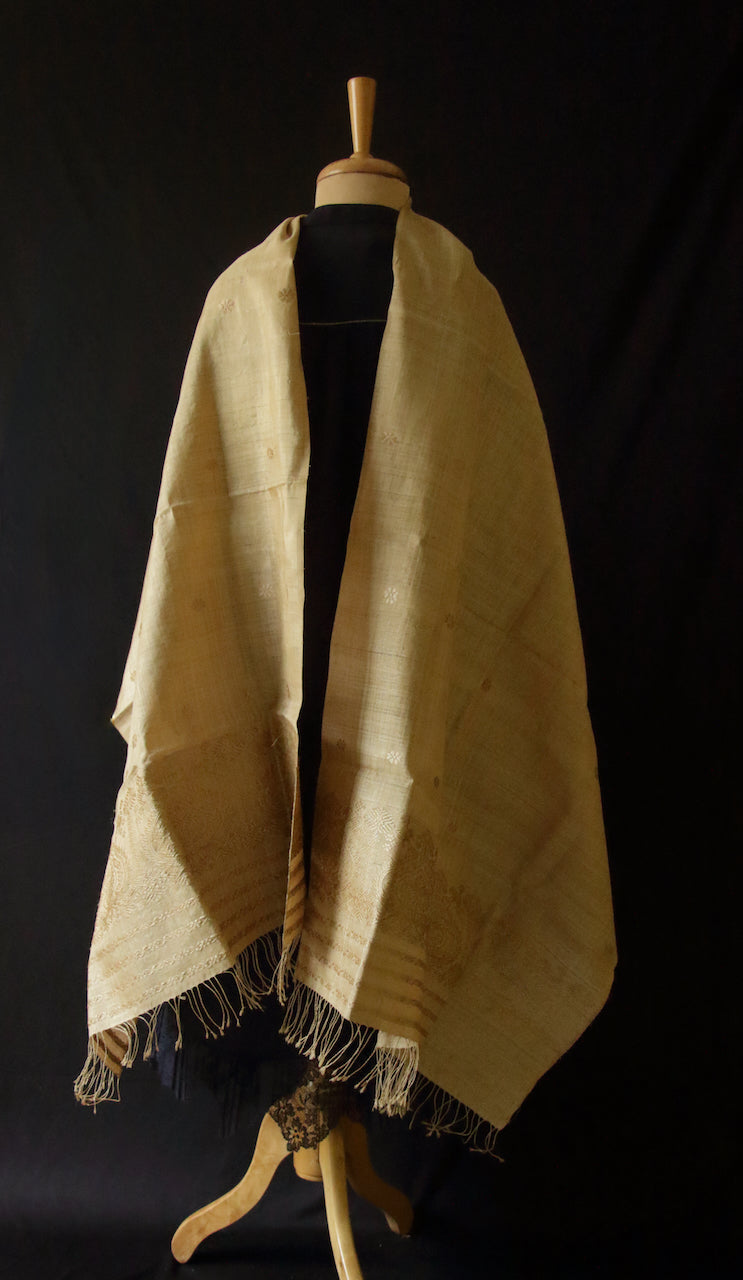 Handloom Muga Silk Wrap / Stole / Scarf with Muga Silk Motifs from Assam