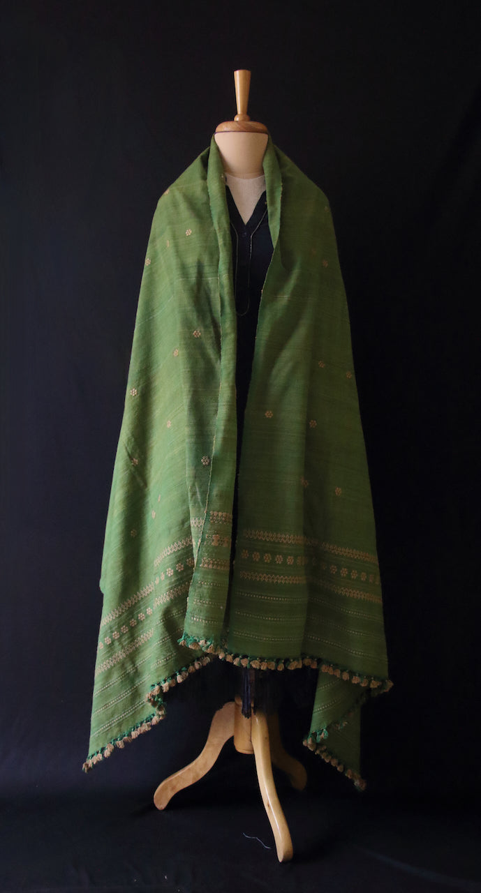 Handwoven Green Natural Dyed Hand Spun Eri Silk Shawl From Assam