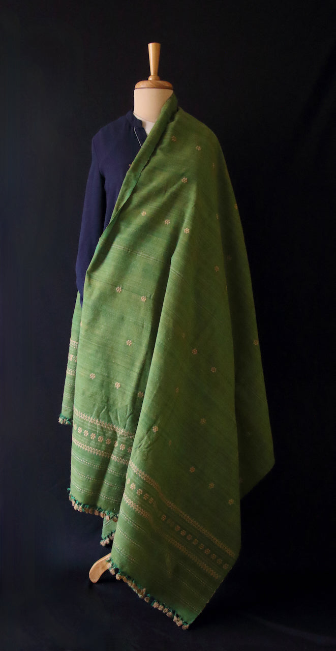 Handwoven Green Natural Dyed Hand Spun Eri Silk Shawl From Assam