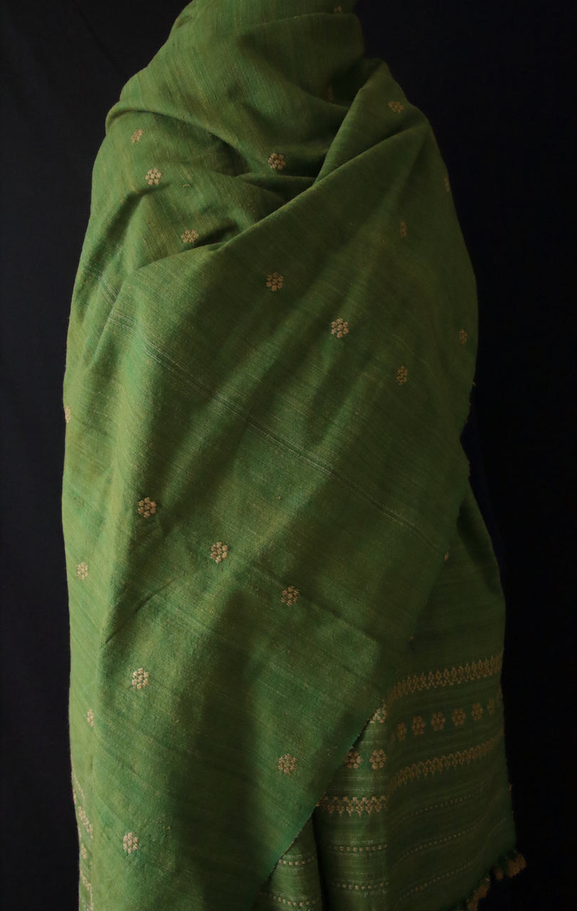 Handwoven Green Natural Dyed Hand Spun Eri Silk Shawl From Assam