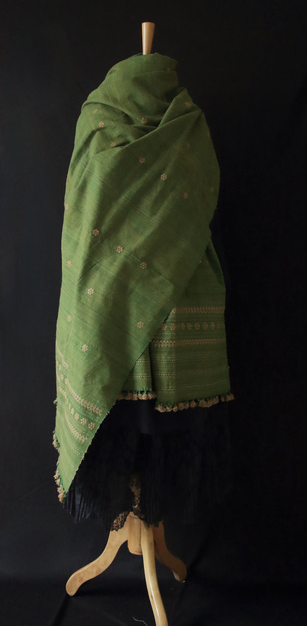 Handwoven Green Natural Dyed Hand Spun Eri Silk Shawl From Assam