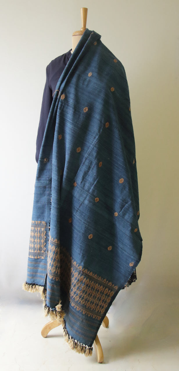 Handwoven Indigo Natural Dyed Hand Spun Eri Silk Shawl From Assam