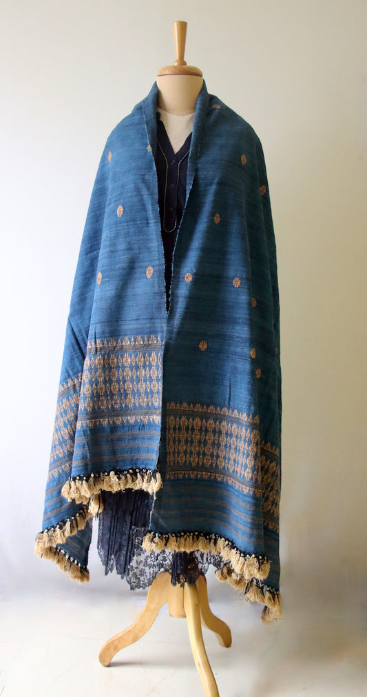 Handwoven Indigo Natural Dyed Hand Spun Eri Silk Shawl From Assam