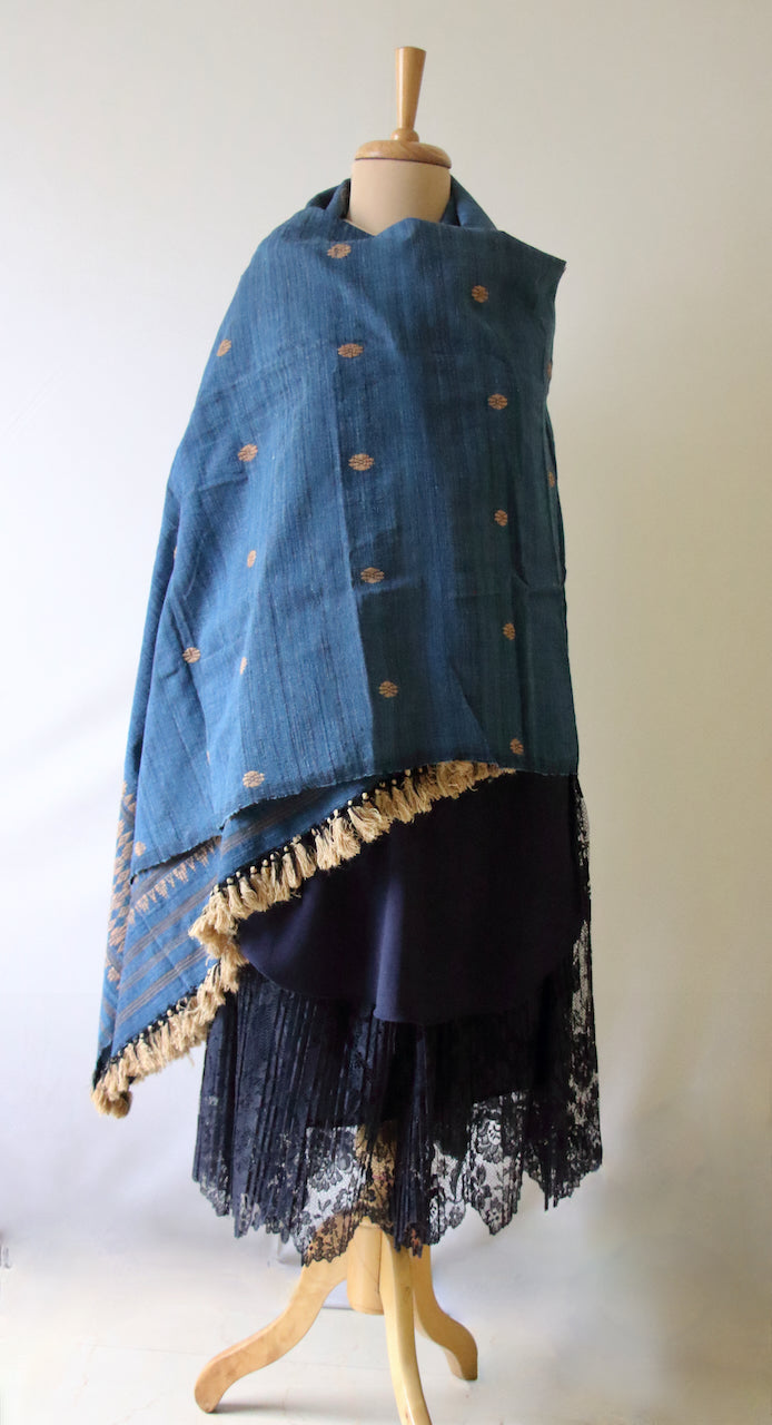 Handwoven Indigo Natural Dyed Hand Spun Eri Silk Shawl From Assam