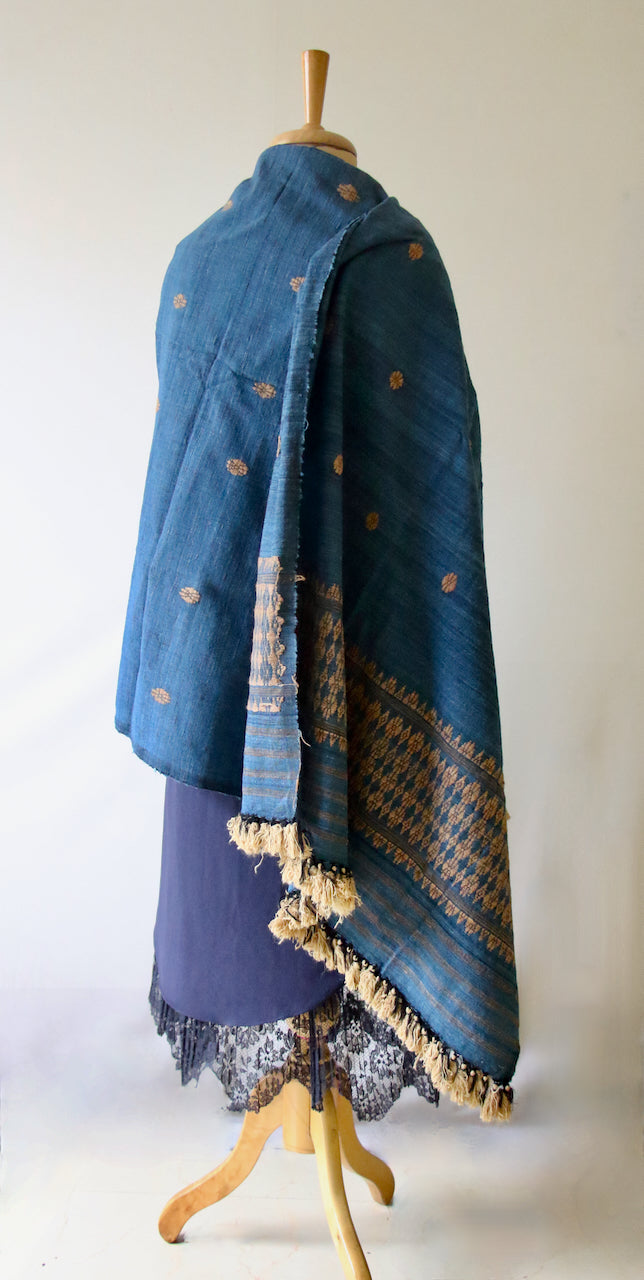 Handwoven Indigo Natural Dyed Hand Spun Eri Silk Shawl From Assam